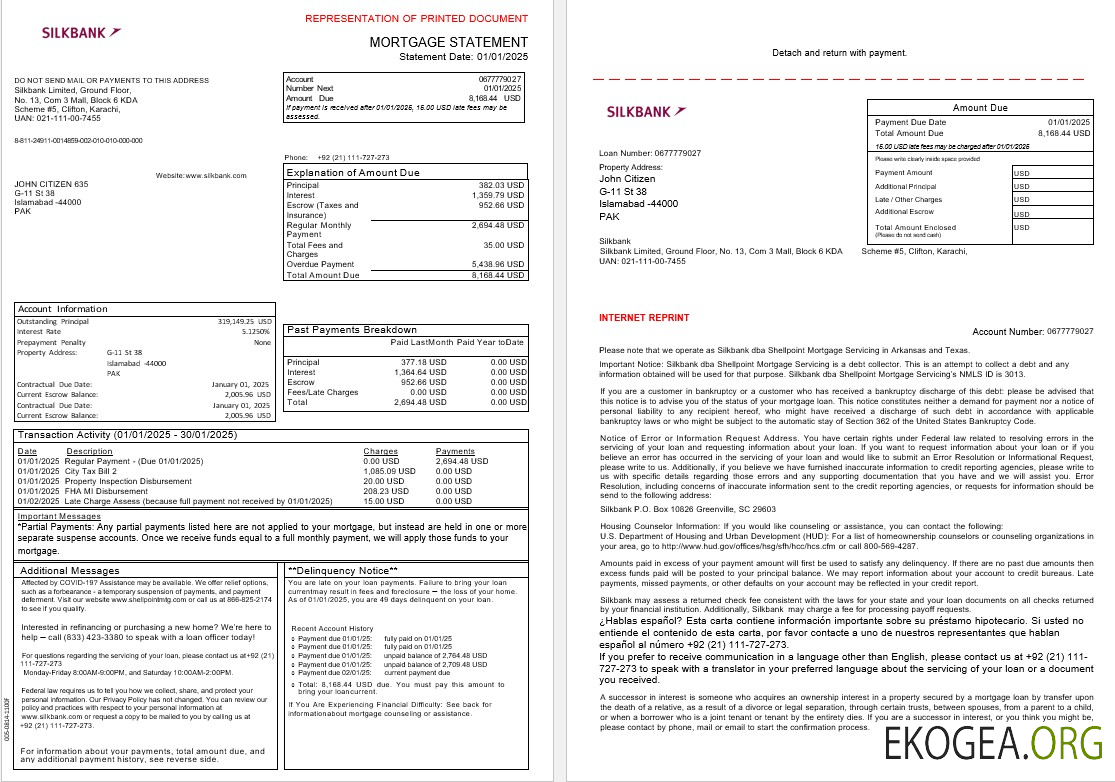 Relevé hypothécaire de la Pakistan Silkbank aux formats Word et PDF, 3 pages 1 , 2